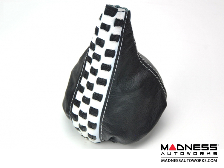 FIAT 500 Gear Shift Boot Black Leather w/ Checkered Black and White